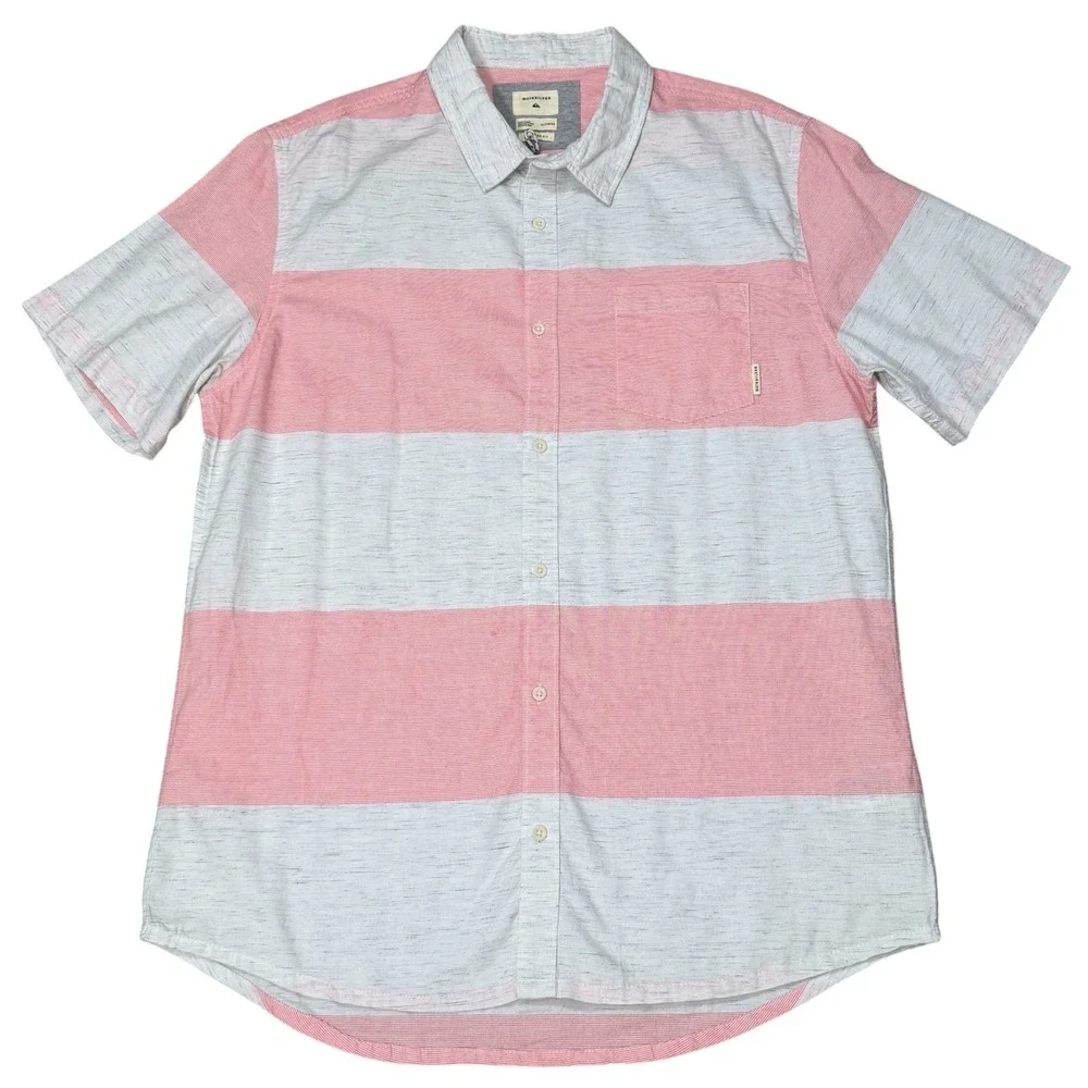 Quiksilver Mens Pink White Striped Short Sleeve Button Down Shirt XL 0850